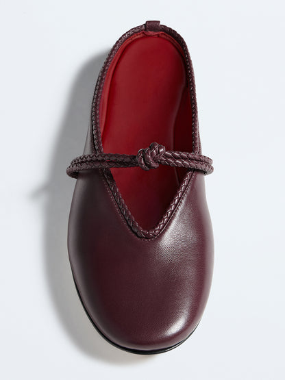 Burgundy Round-Toe Middle Strap Backless Slip-On Flats