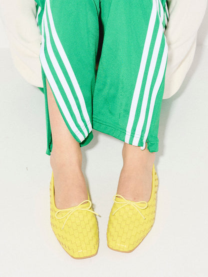 Woven Vegan Leather Square-Toe Front Bow Slip-On Ballet Flats - Yellow