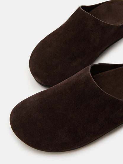 Brown Faux Suede Round-Toe Slip-On Flats Slide