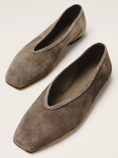 Brown Faux Suede Square-Toe Simple Slip-On Ballet Flats