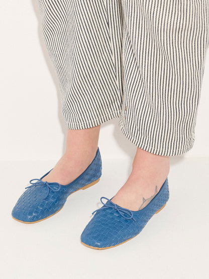Woven Vegan Leather Square-Toe Front Bow Slip-On Ballet Flats - Indigo