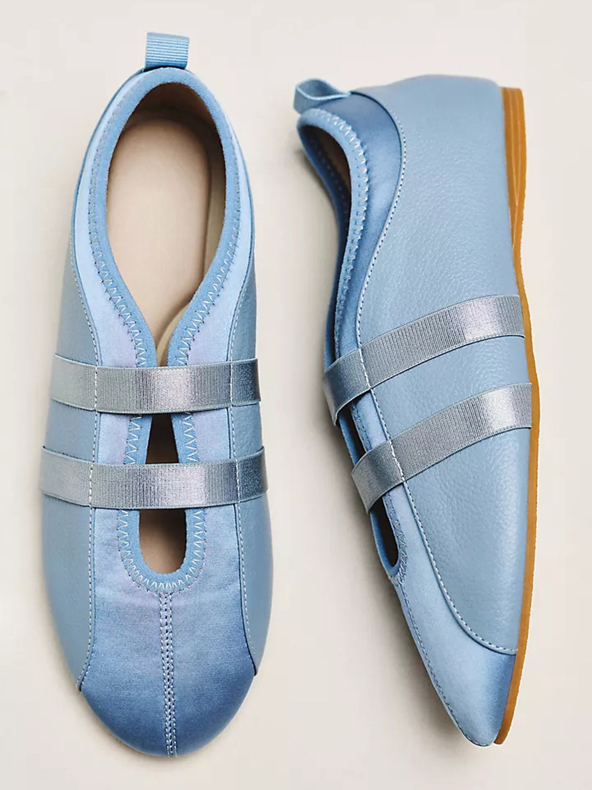 Blue Vegan Leather And Satin Round-Toe Double Middle Strap Sporty Ballet Sneakers