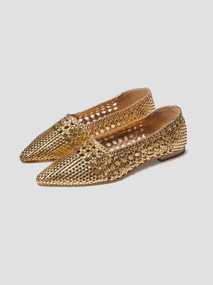 Metallic Gold Woven Vegan Leather Pointed-Toe Cutout Slip-On Flats