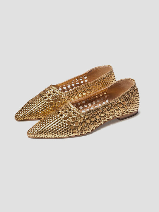 Metallic Gold Woven Vegan Leather Pointed-Toe Cutout Slip-On Flats