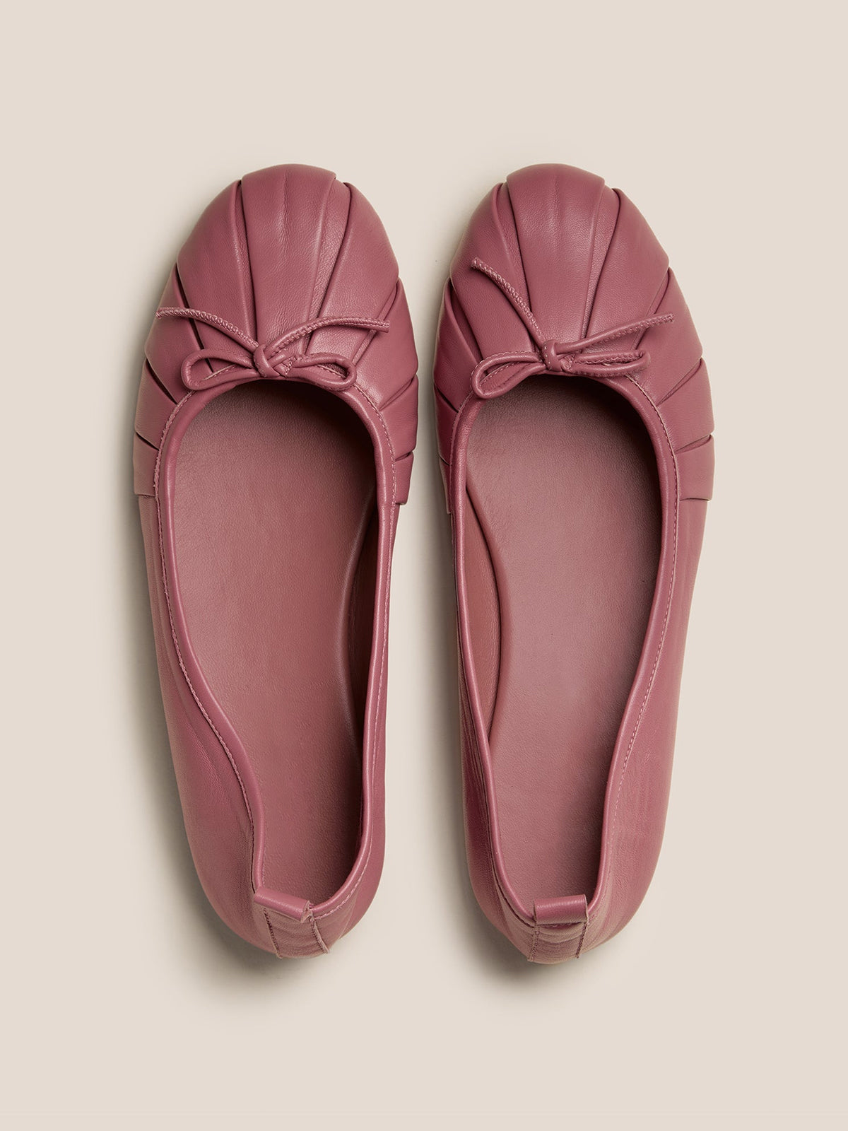 Rose Pink Round-Toe Front Bow Slip-On Pleated Flats