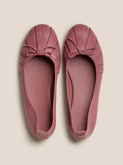 Rose Pink Round-Toe Front Bow Slip-On Pleated Flats
