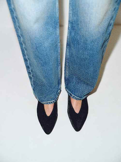Black Velvet Pointed-Toe Slip-On Ballet Flats