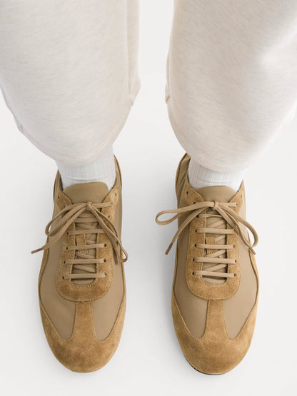 Tan Faux Suede And Cloth Round-Toe Lace-Up Ballet Sneakers