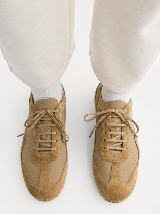 Tan Faux Suede And Cloth Round-Toe Lace-Up Ballet Sneakers