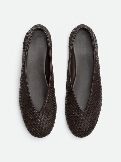 Chocolate Woven Vegan Leather Round-Toe Slip-On Ballet Flats