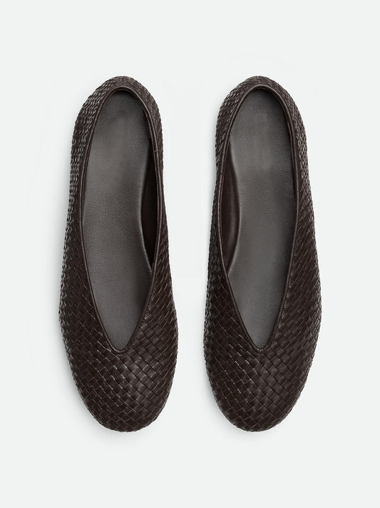 Chocolate Woven Vegan Leather Round-Toe Slip-On Ballet Flats
