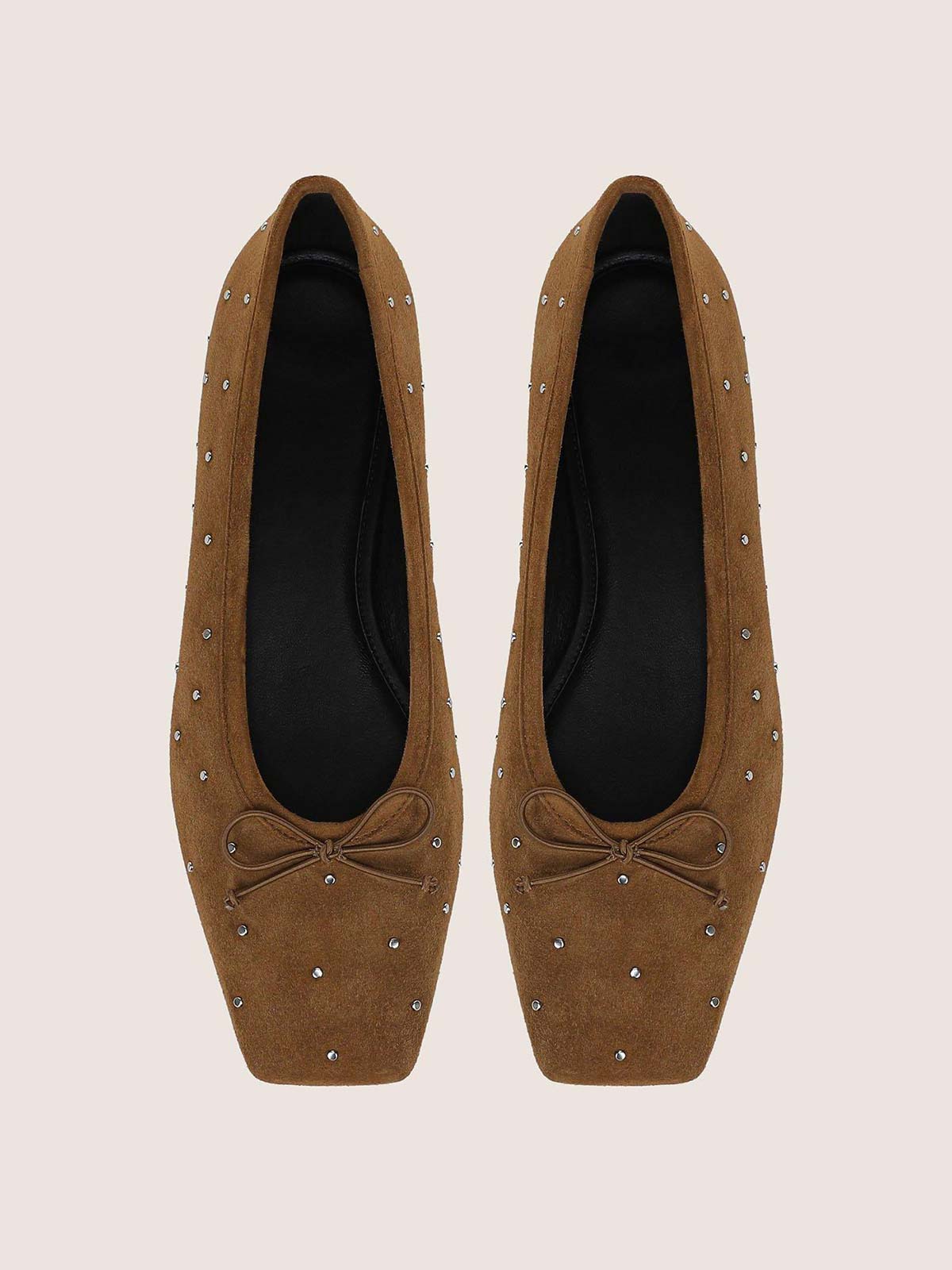 Brown Faux Suede Square-Toe Front Bow Studded Chic Ballet Flats