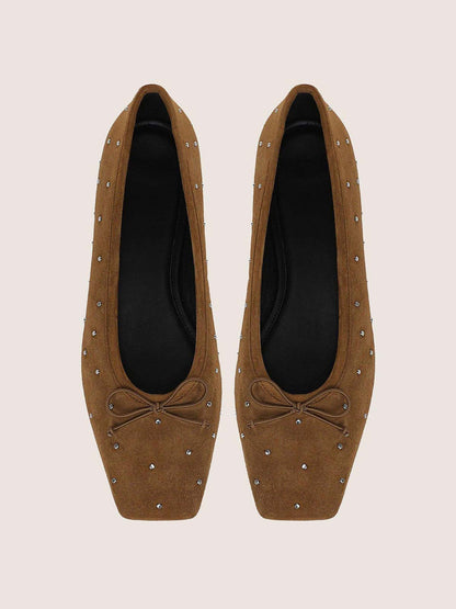 Brown Faux Suede Square-Toe Front Bow Studded Chic Ballet Flats