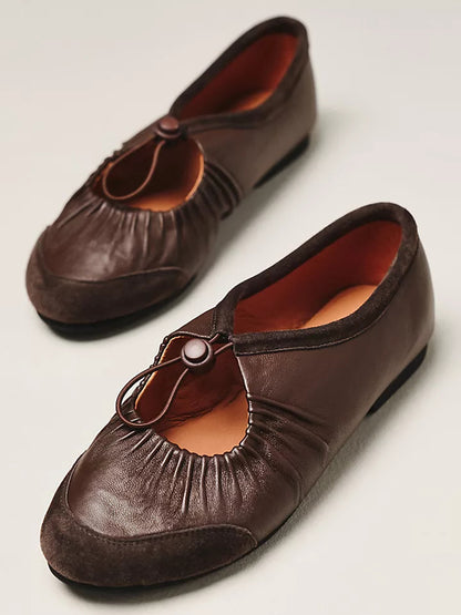 Chocolate Faux Suede And Vegan Leather Round-Toe Mary Jane Ballet Flats