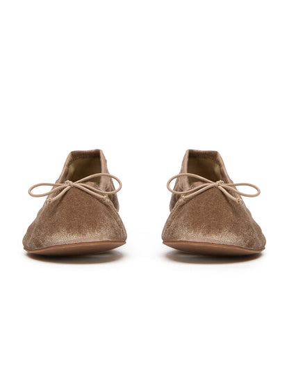 Sand Velvet Round-Toe Chic Front Bow Slip-On Ballet Simple Flats