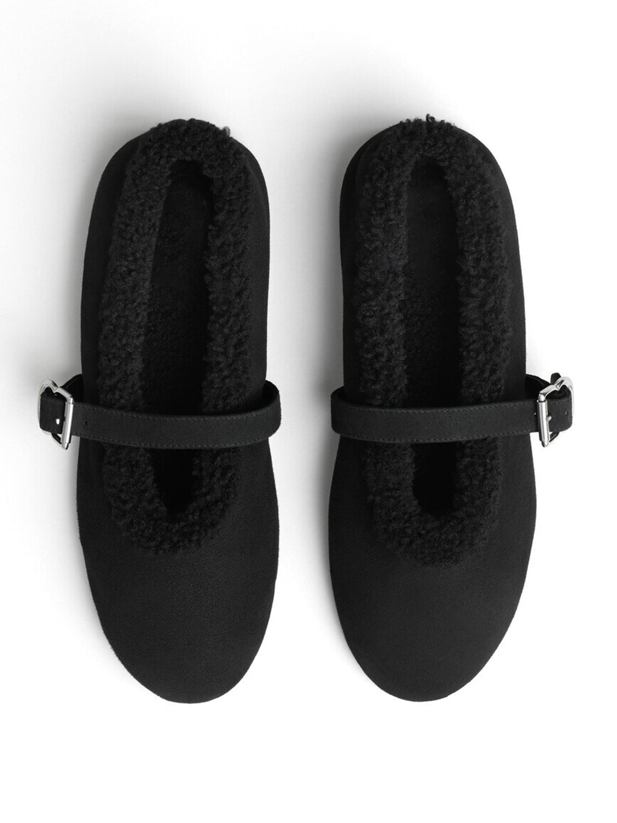 Black Faux Suede And Plush Round-Toe Mary Jane Slip-On Flats