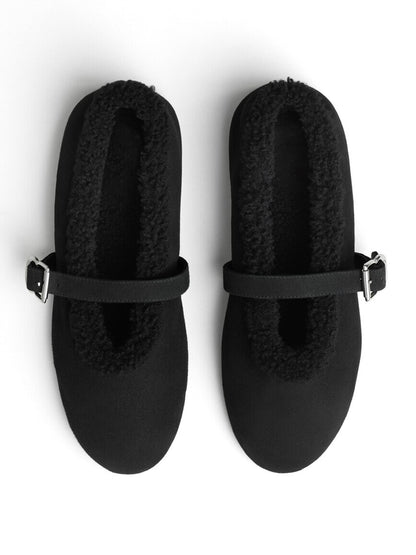 Black Faux Suede And Plush Round-Toe Mary Jane Slip-On Flats