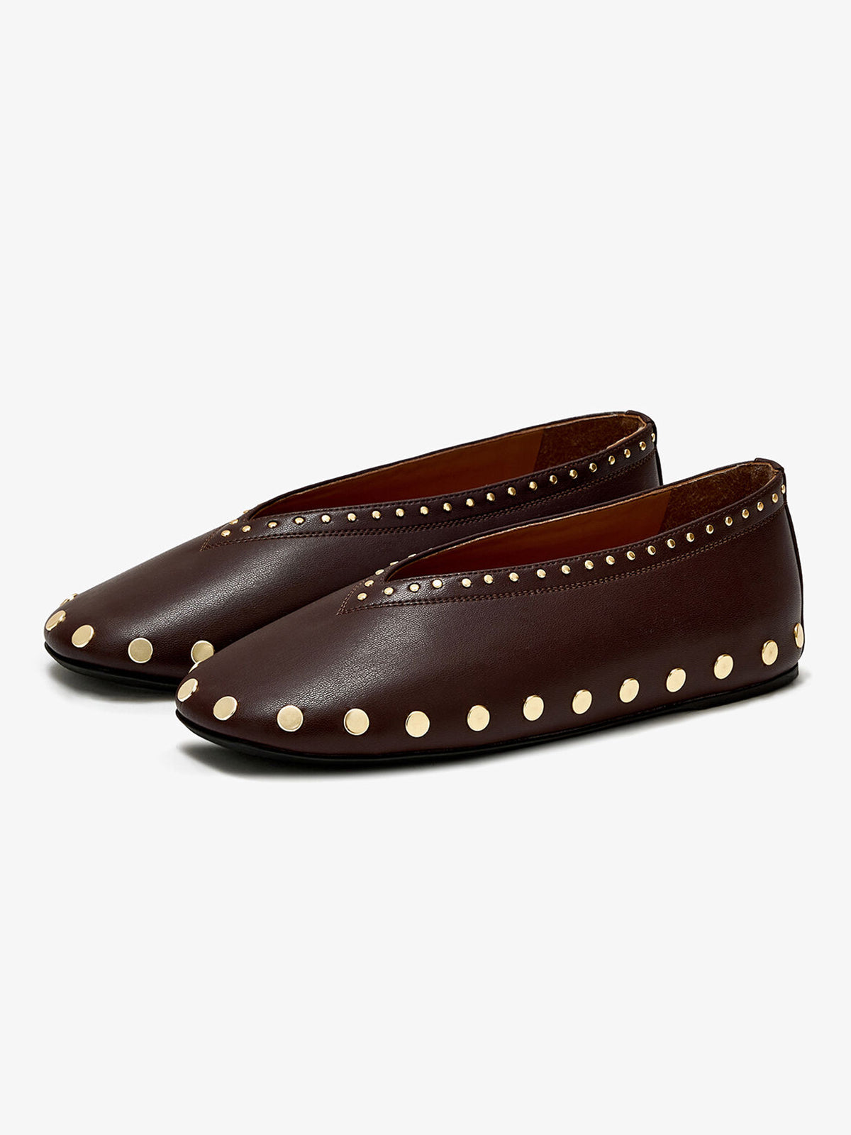 Coffee Square-Toe Side Studs Slip-On Ballet Flats