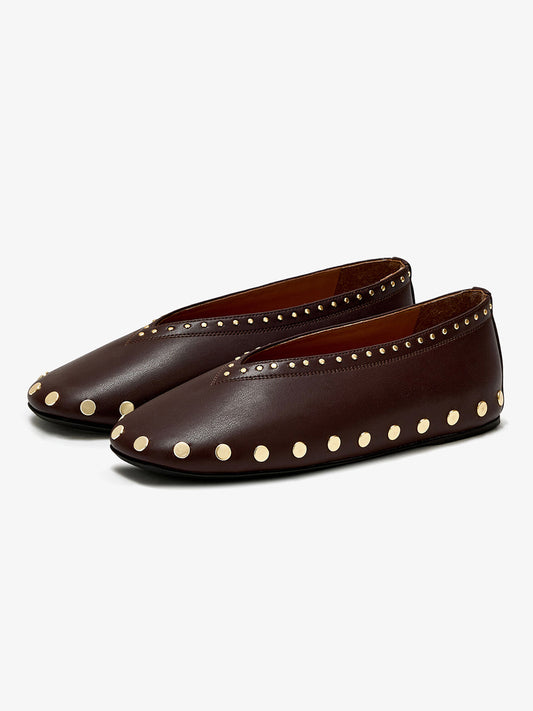 Coffee Square-Toe Side Studs Slip-On Ballet Flats