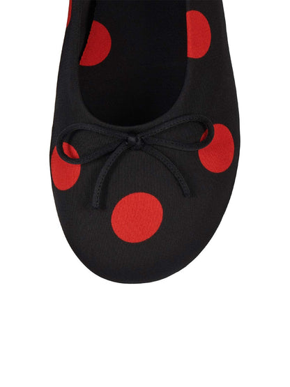 Black Satin With Red Spot Round-Toe Front Bow Slip-On Ballet Flats