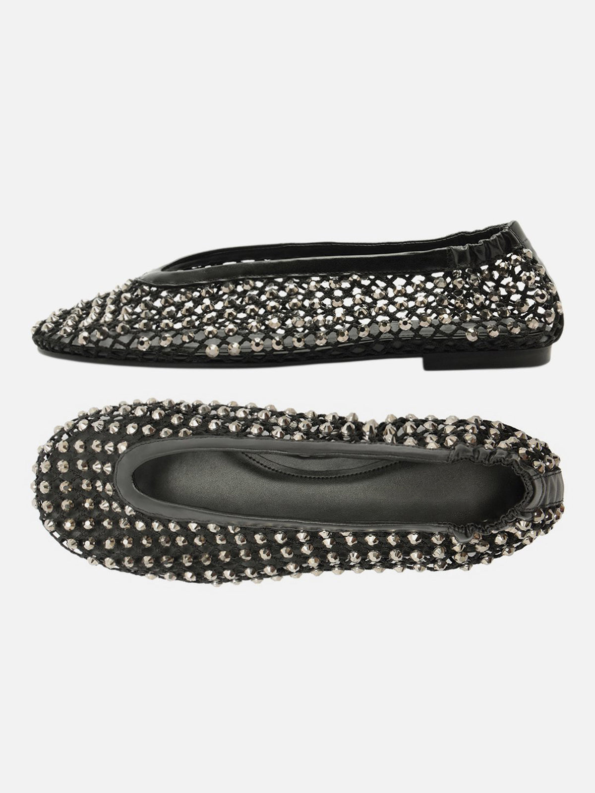 Black Rhinestone Mesh Round-Toe Slip-On Ballet Flats