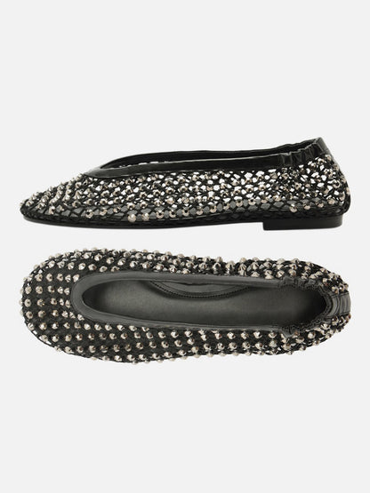 Black Rhinestone Mesh Round-Toe Slip-On Ballet Flats