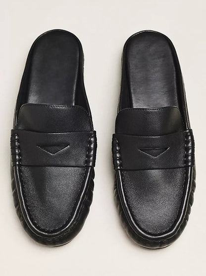 Black Round-Toe Simple Backless Loafer Mules Flats