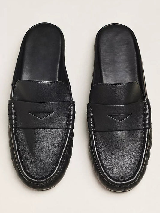 Black Round-Toe Simple Backless Loafer Mules Flats