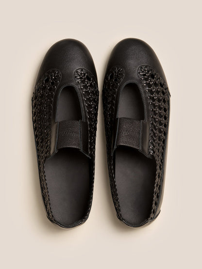 Black Woven Vegan Leather Round-Toe Chic Mary Jane Flats