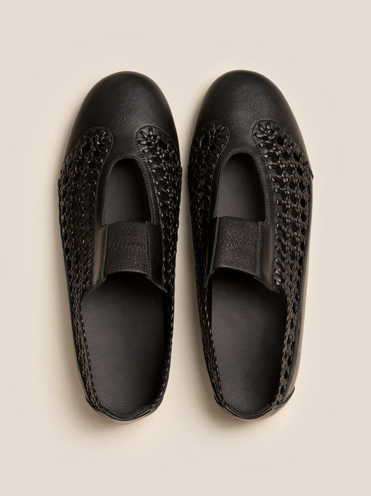 Black Woven Vegan Leather Round-Toe Chic Mary Jane Flats