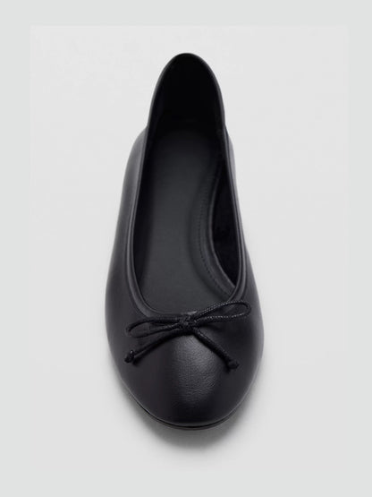 Black Round-Toe Simple Front Bow Slip-On Ballet Flats
