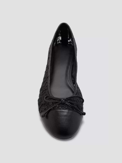 Black Lace Mesh And Vegan Leather Round-Toe Front Bow Chic Ballet Flats