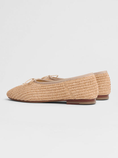 Beige Woven Round-Toe Simple Chic Ballet Flats With Front Bow