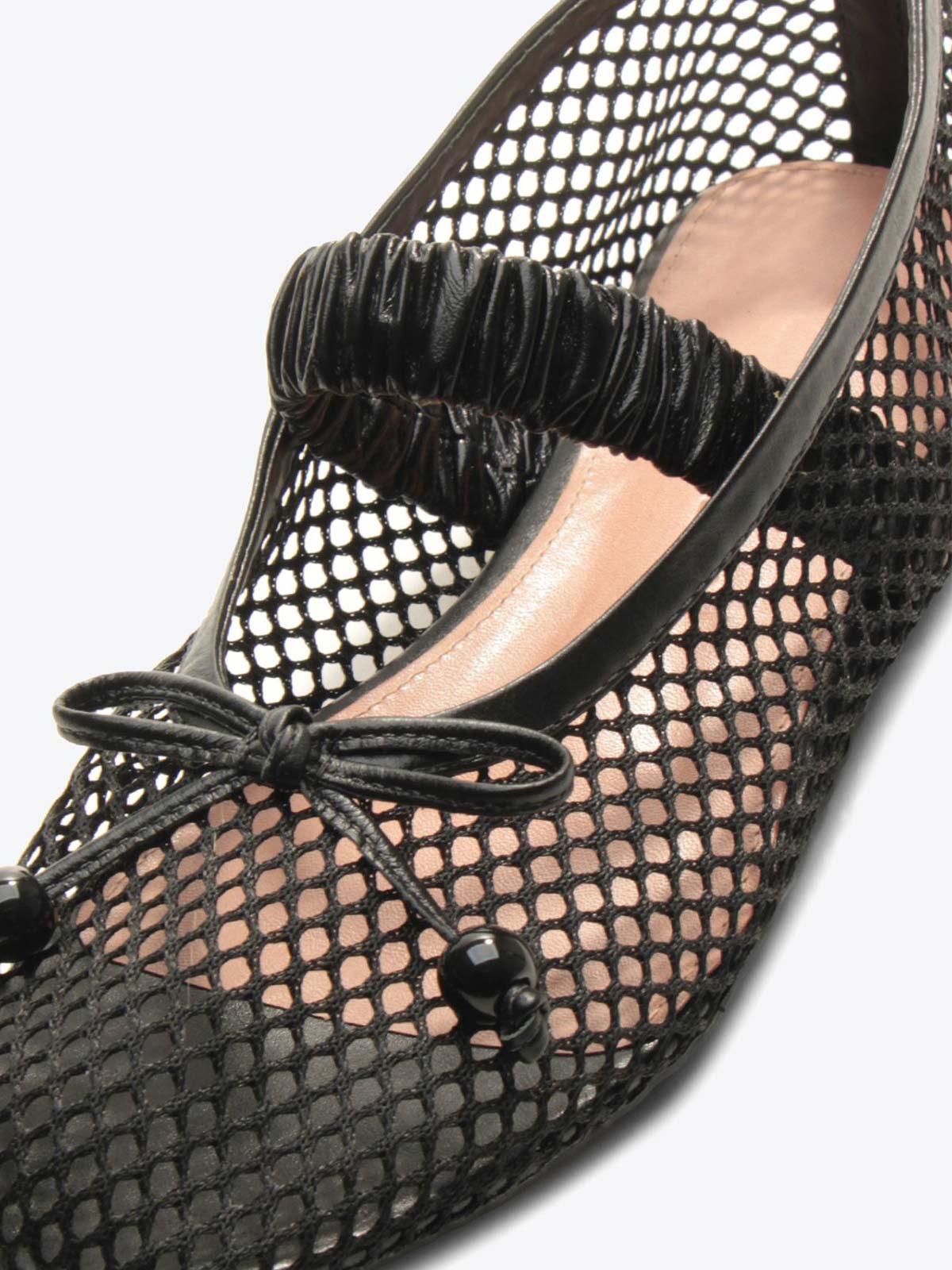 Black Mesh Round-Toe Front Bow And Elastic Mary Jane Ballet Flats