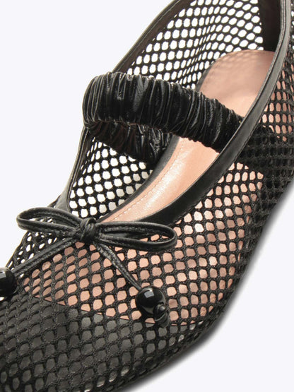 Black Mesh Round-Toe Front Bow And Elastic Mary Jane Ballet Flats