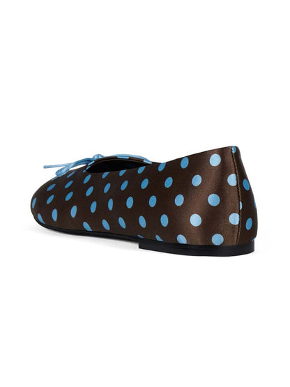 Brown Satin With Blue Spot Round-Toe Front Bow Slip-On Ballet Flats