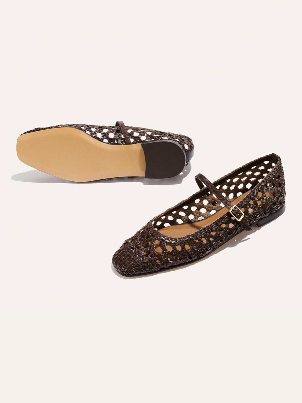 Coffee Woven Vegan Leather Square-Toe Mary Jane Chic Ballet Flats