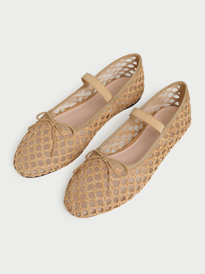 Brown Woven And Mesh Round-Toe Front Bow And Middle Strap Ballet Flats