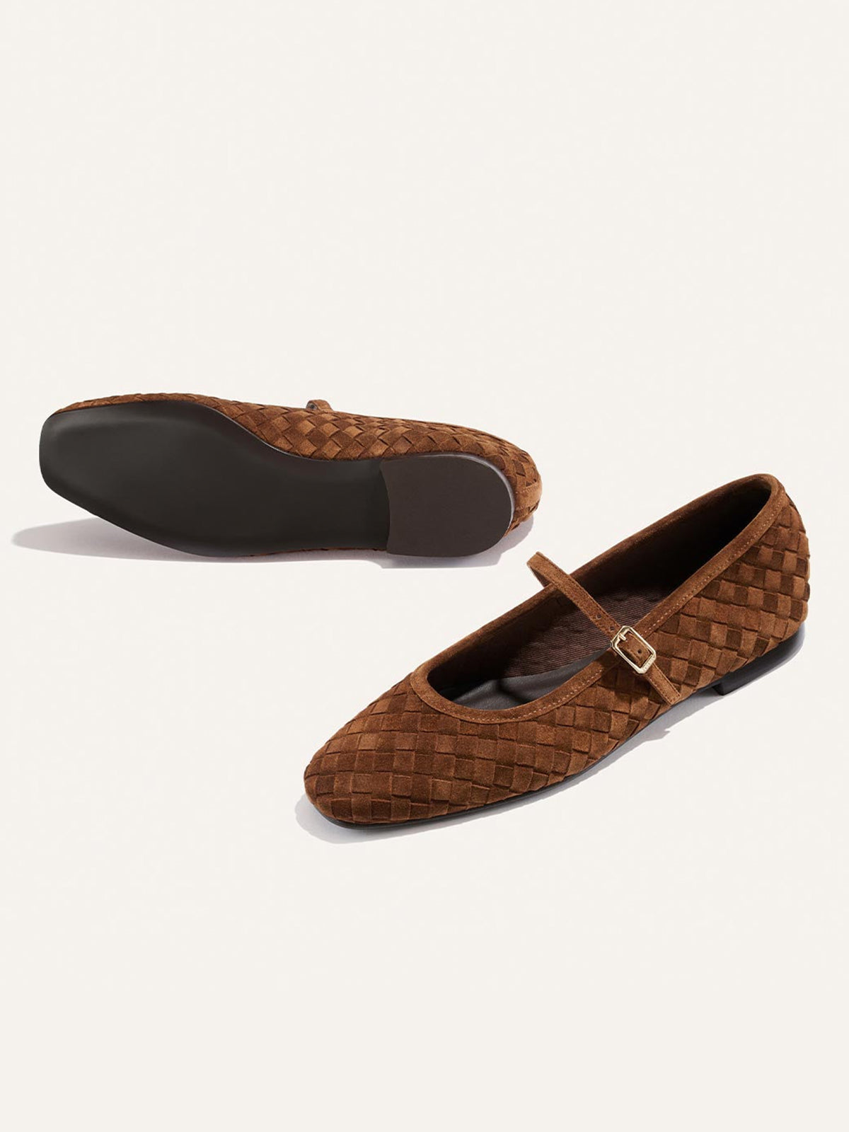 Brown Woven Faux Suede Square-Toe Mary Jane Chic Ballet Flats