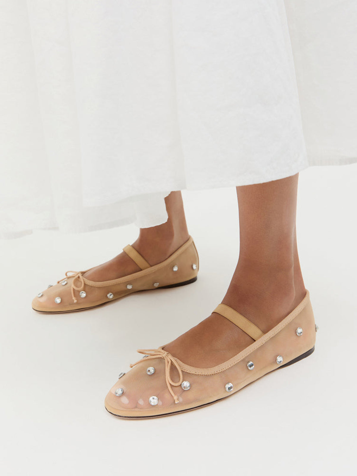 Caramel Crystals Mesh Round-Toe Front Bow And Middle Strap Ballet Flats