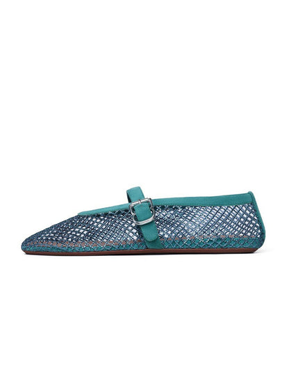 Blue Mesh And Faux Suede Round-Toe Buckle Mary Jane Ballet Flats