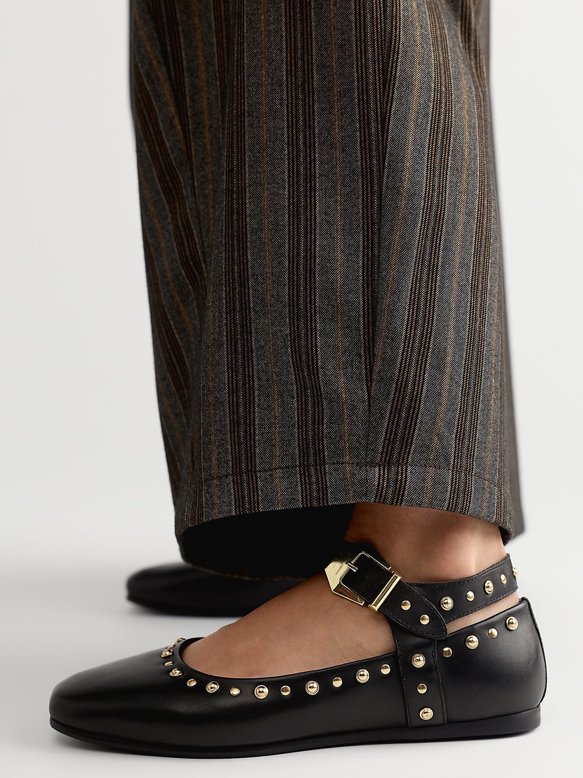 Black Square-Toe Buckle Ankle Strap Ballet Flats With Studs