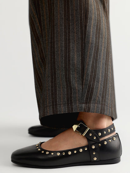 Black Square-Toe Buckle Ankle Strap Ballet Flats With Studs