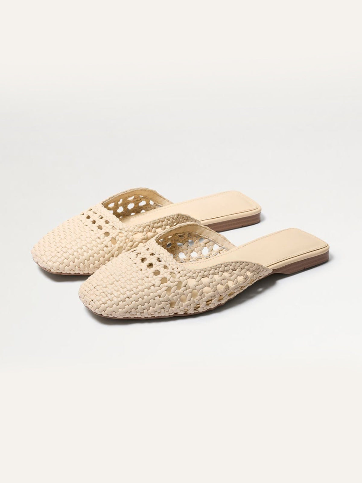 Woven Vegan Leather Square-Toe Cutout Backless Flats - Bone