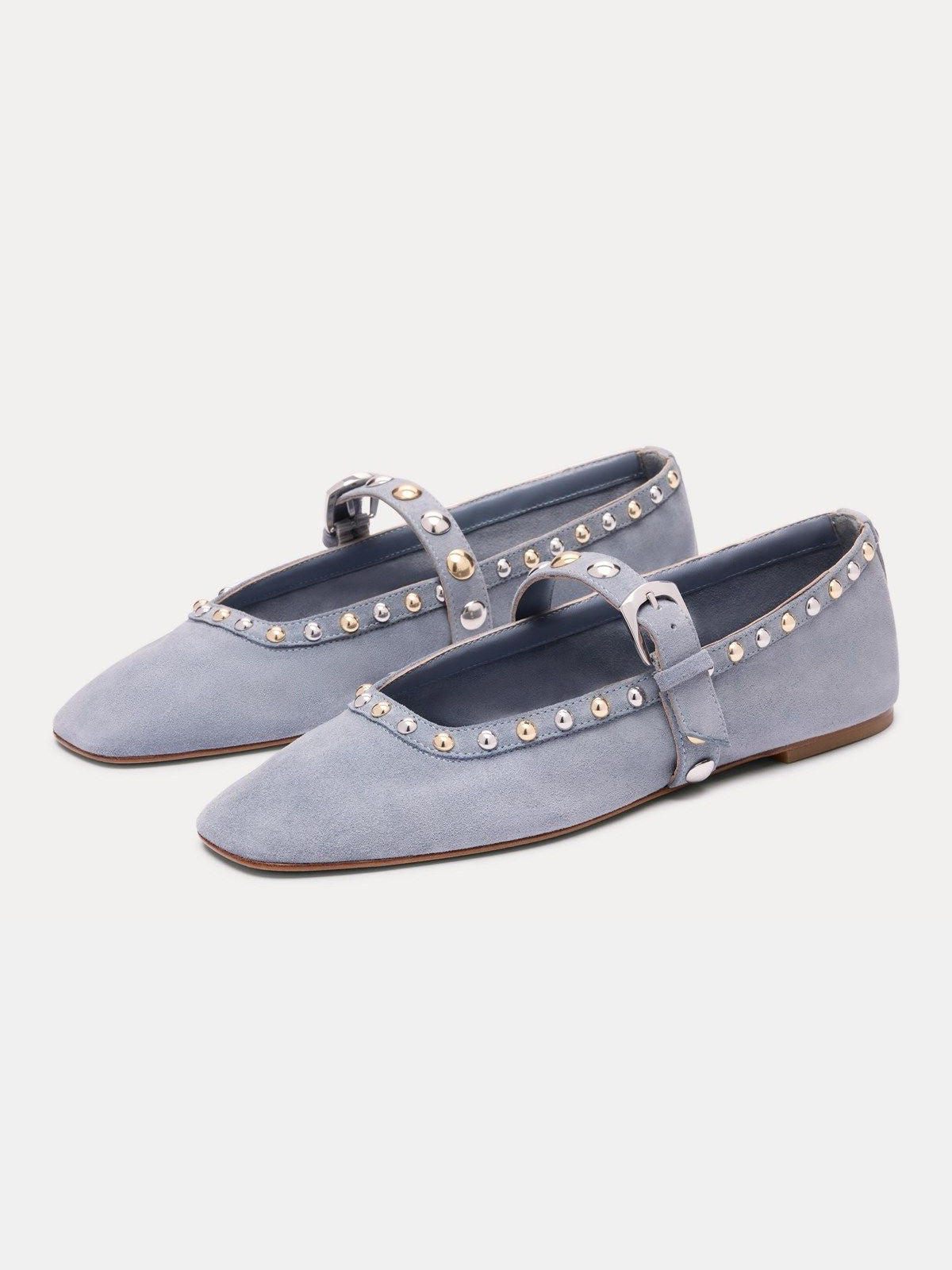 Blue Faux Suede Square-Toe Buckle Middle Strap And Studs Flats