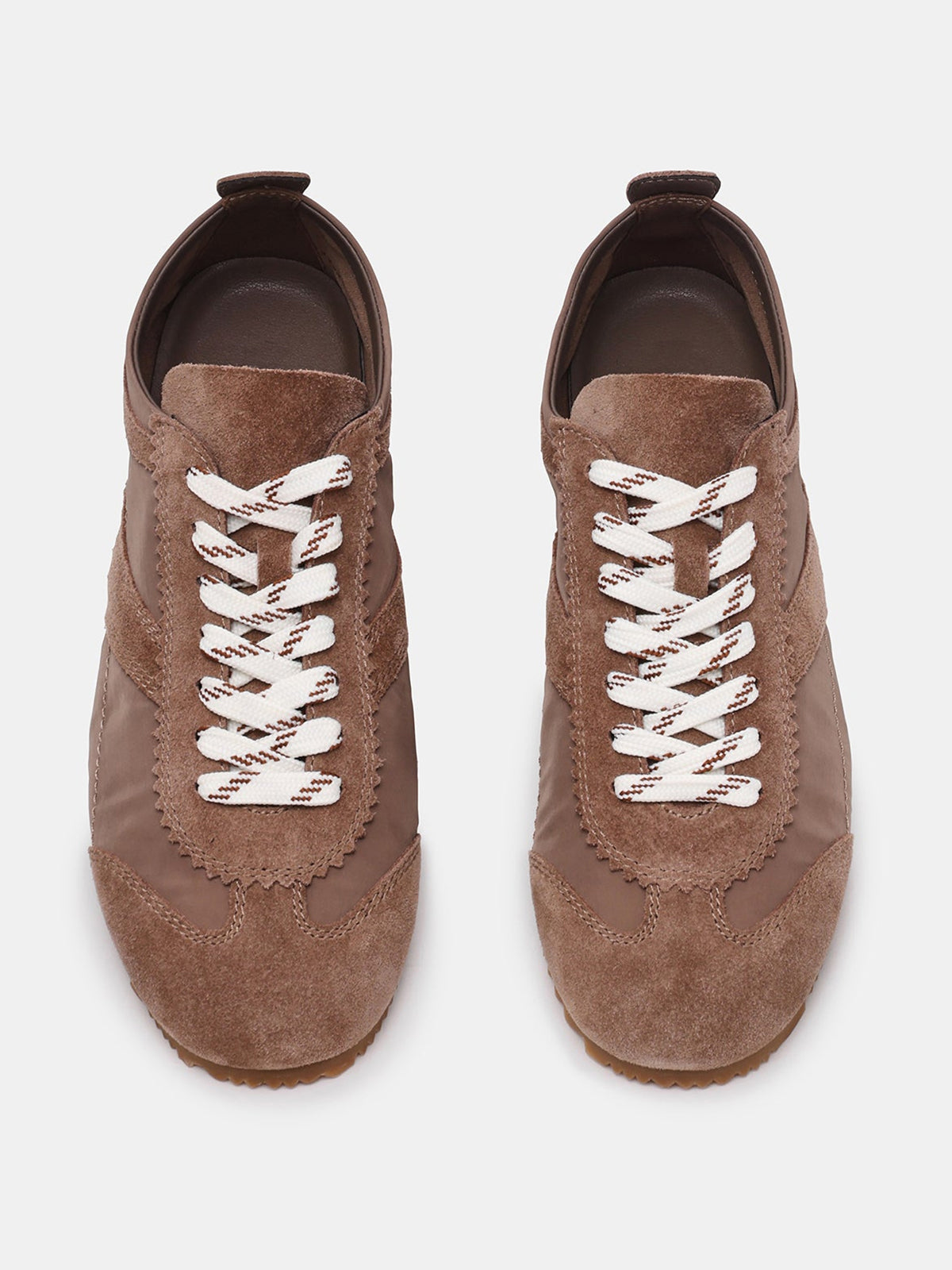 Taupe Cow Suede And Cloth Square-Toe Lace-Up Classic Flats Sneakers
