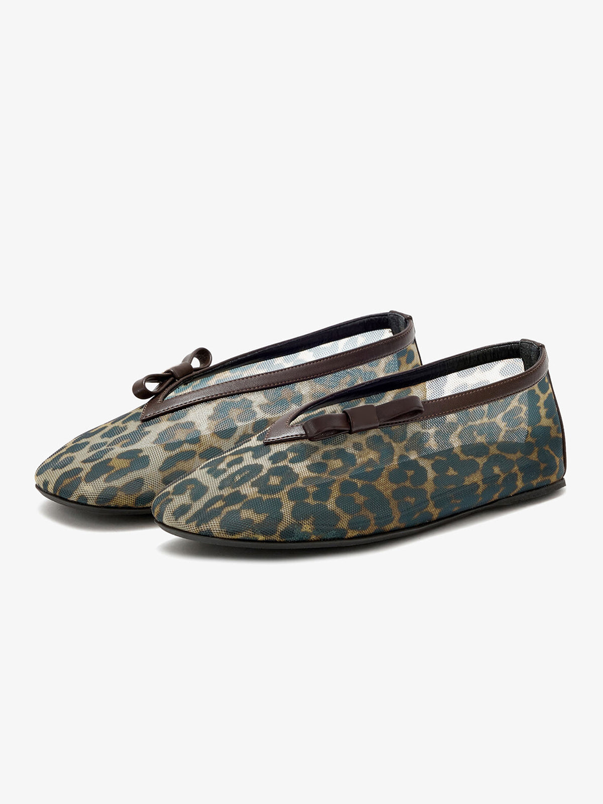 Leopard Mesh Square-Toe Side Knot Slip-On Ballet Flats