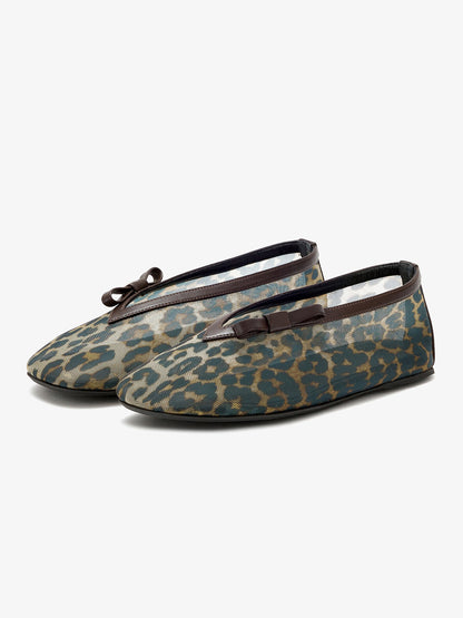 Leopard Mesh Square-Toe Side Knot Slip-On Ballet Flats