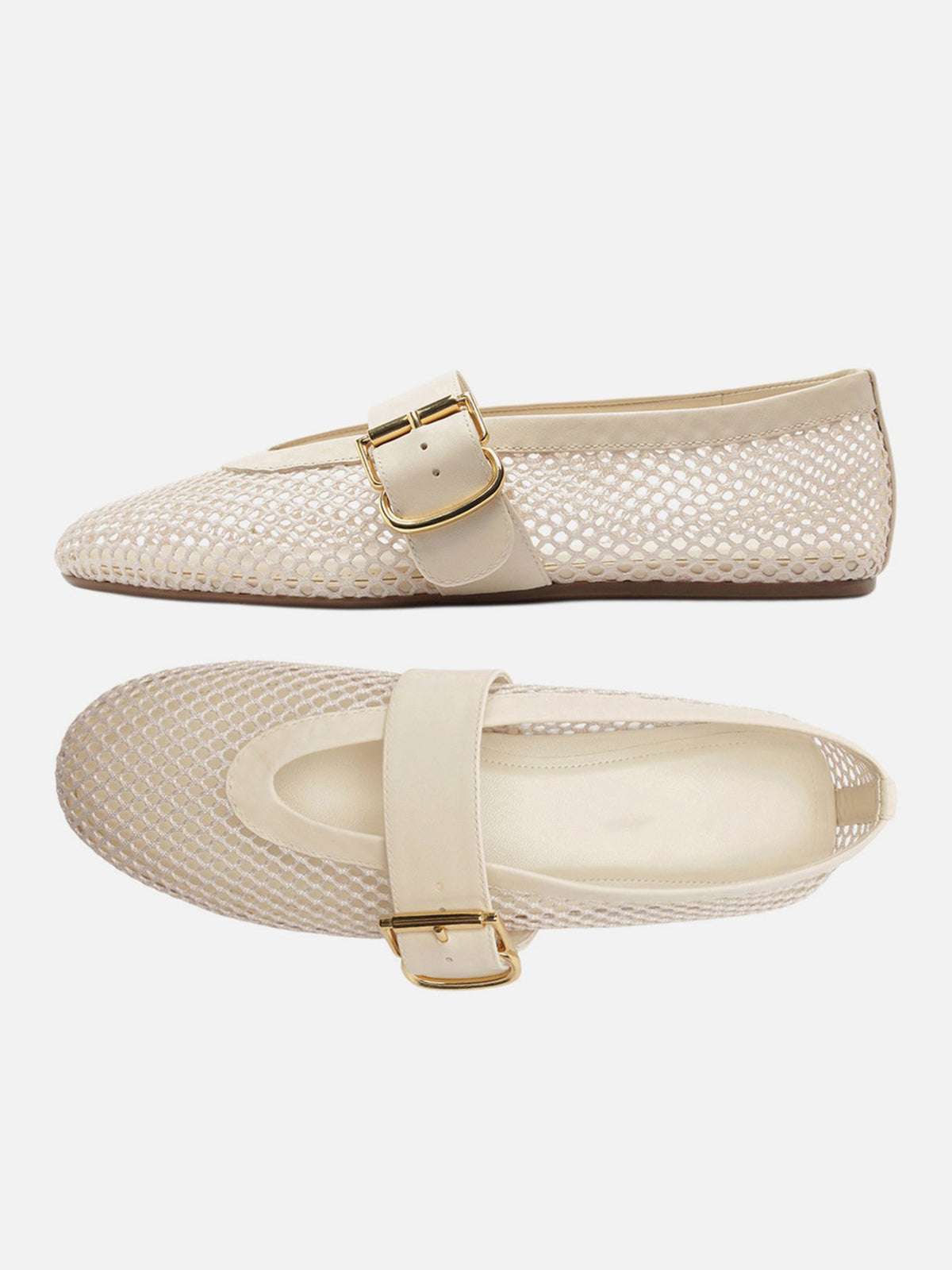 Ivory Mesh Round-Toe Buckle Wide Strap Slip-On Ballet Flats