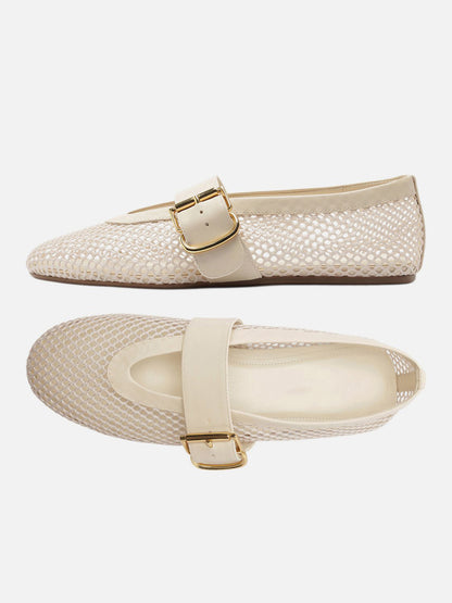 Ivory Mesh Round-Toe Buckle Wide Strap Slip-On Ballet Flats